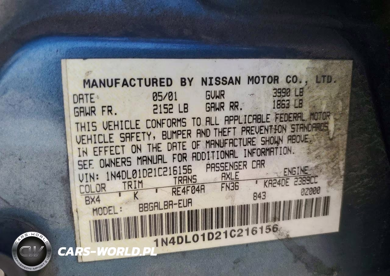 2001 Nissan Altima Xe VIN:1N4DL01D21C216156 - 13