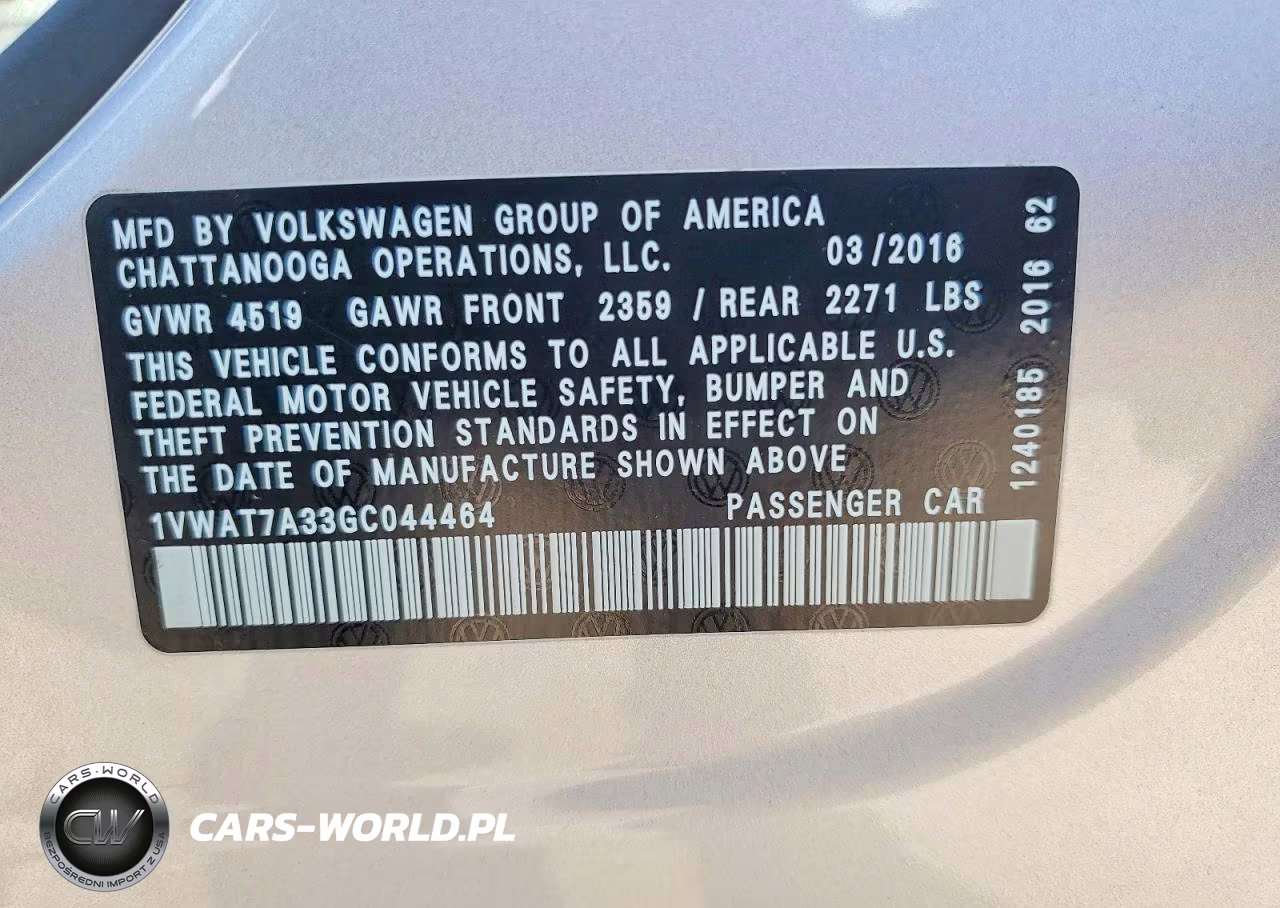 2016 Volkswagen Passat S VIN:1VWAT7A33GC044464 - 12