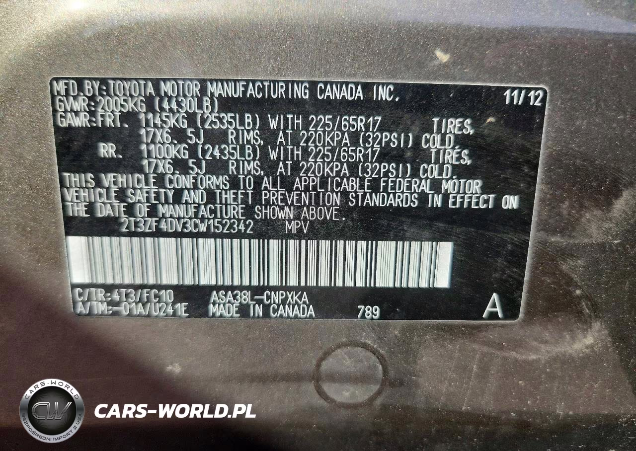 2012 Toyota Rav4 Base VIN:2T3ZF4DV3CW152342 - 13