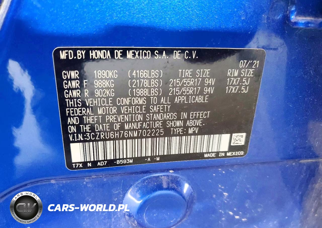 2022 Honda Hr-V Exl VIN:3CZRU6H76NM702225 - 13