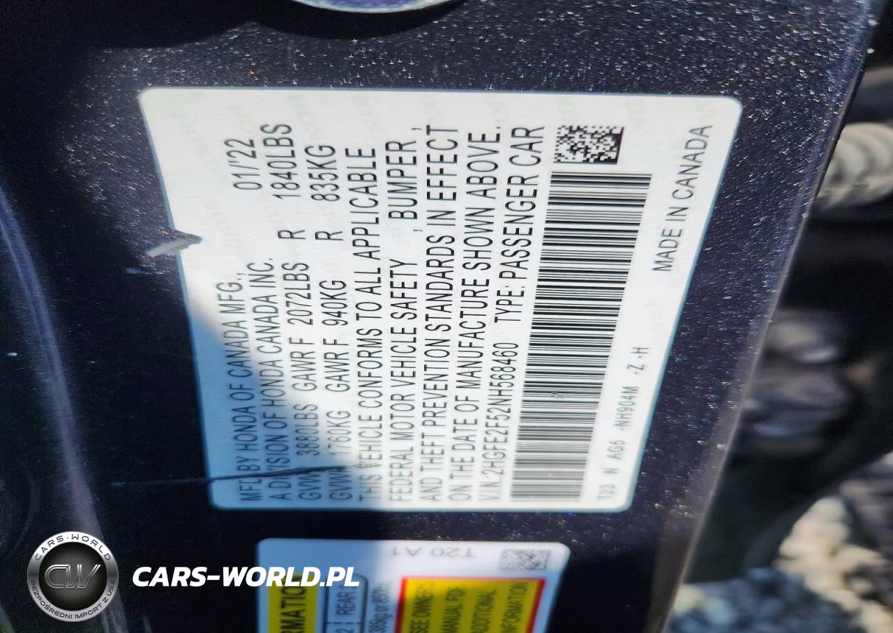 2022 Honda Civic Sport VIN:2HGFE2F52NH568460 - 12