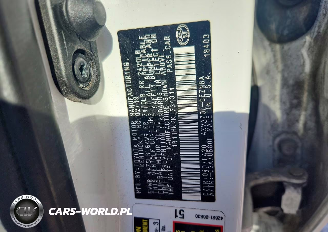 2019 Toyota Camry Le VIN:4T1B11HK2KU231314 - 12