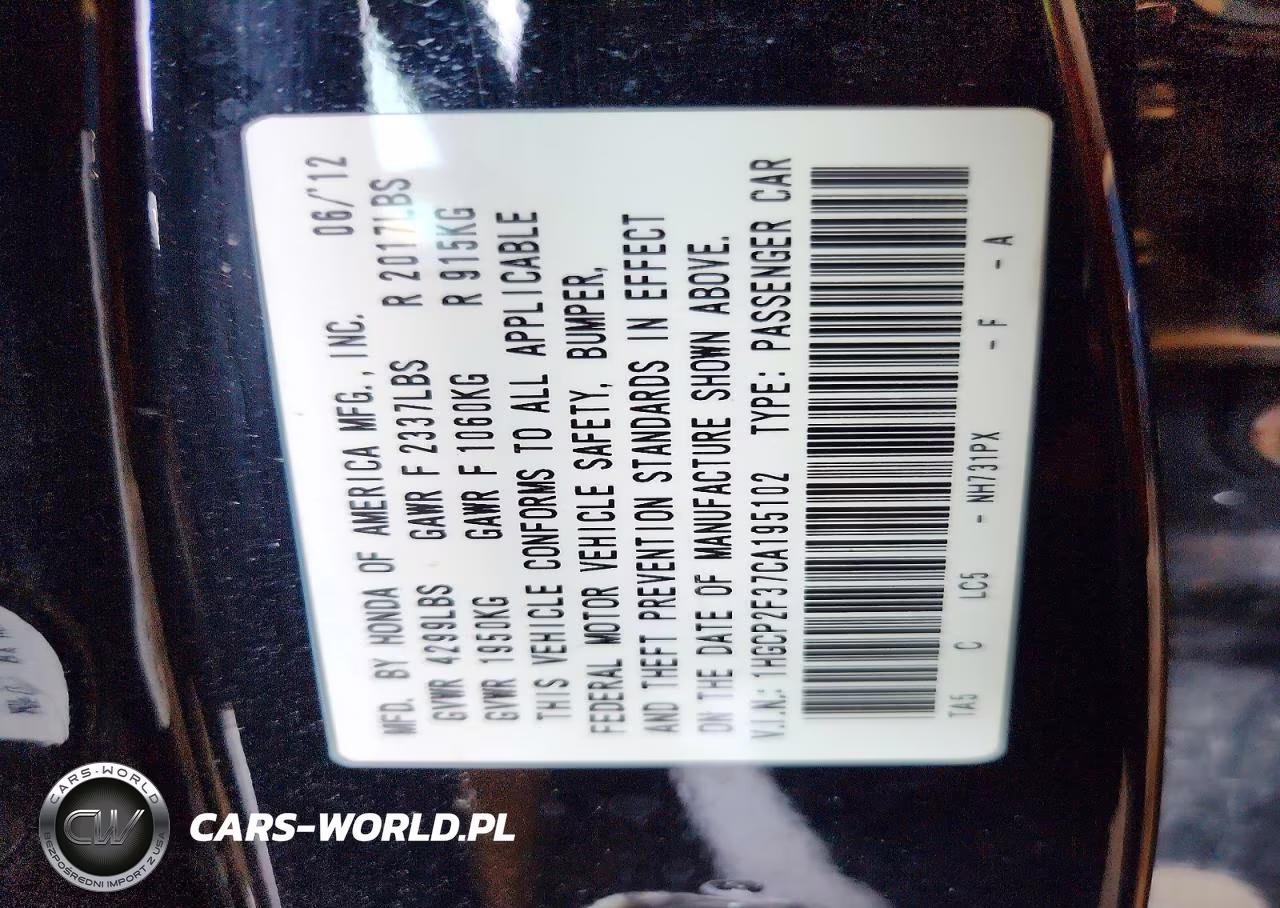 2012 Honda Accord Lx VIN:1HGCP2F37CA195102 - 12