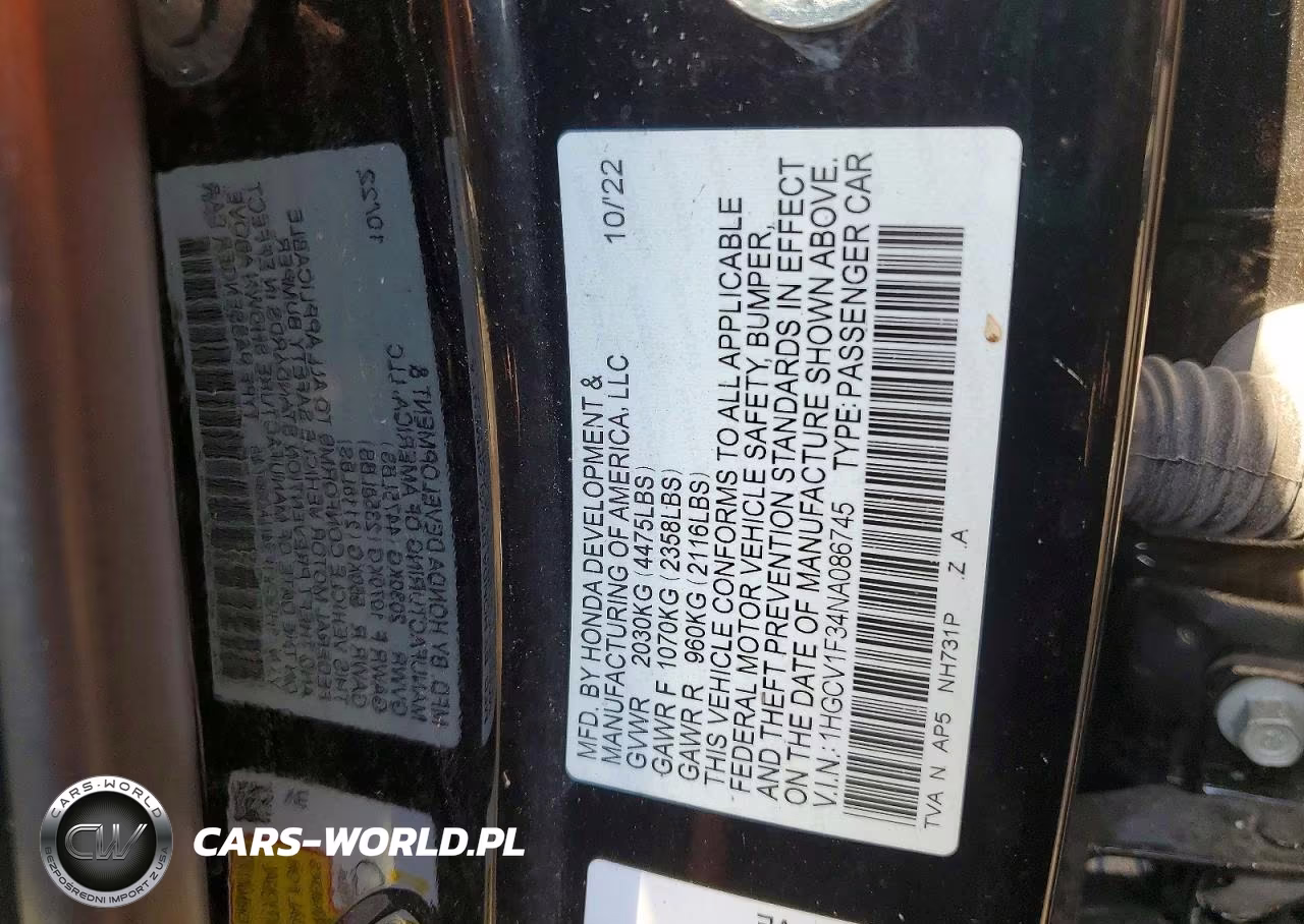 2022 Honda Accord Sport VIN:1HGCV1F34NA086745 - 12