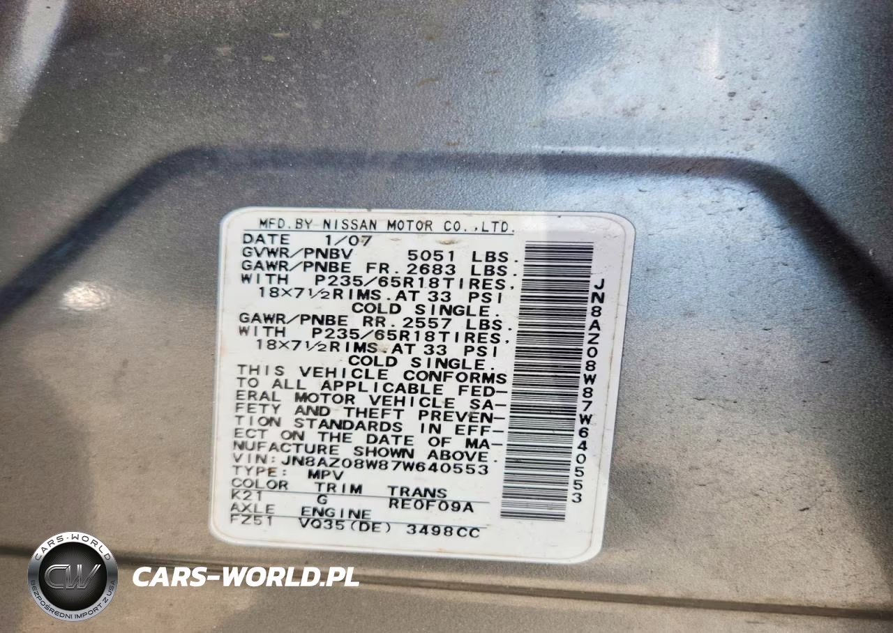 2007 Nissan Murano S VIN:JN8AZ08W87W640553 - 13