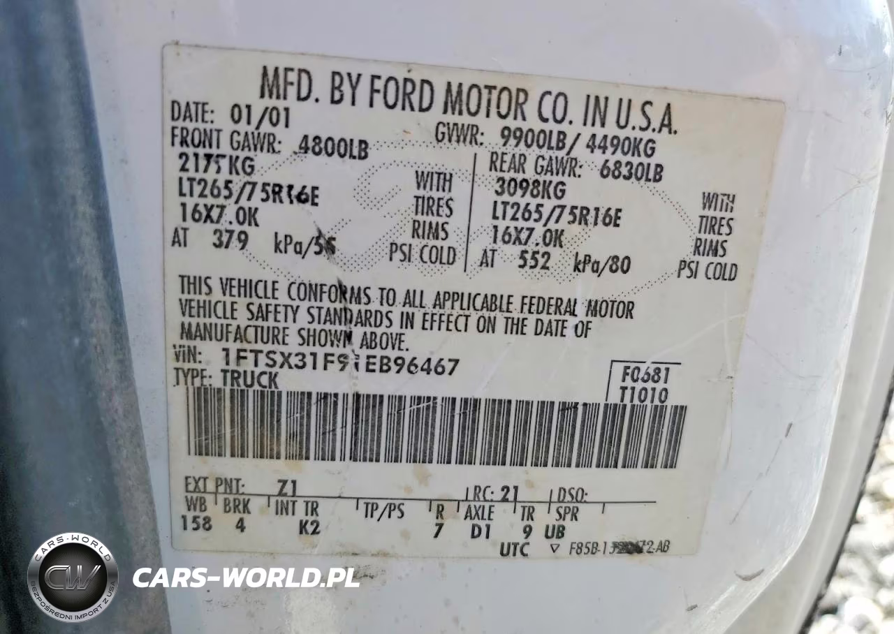 2001 Ford F350 Srw Super Duty VIN:1FTSX31F91EB96467 - 12