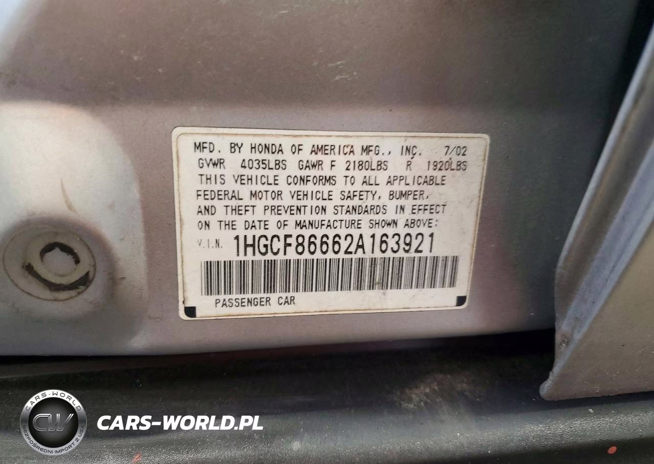 2002 Honda Accord Value VIN:1HGCF86662A163921 - 12