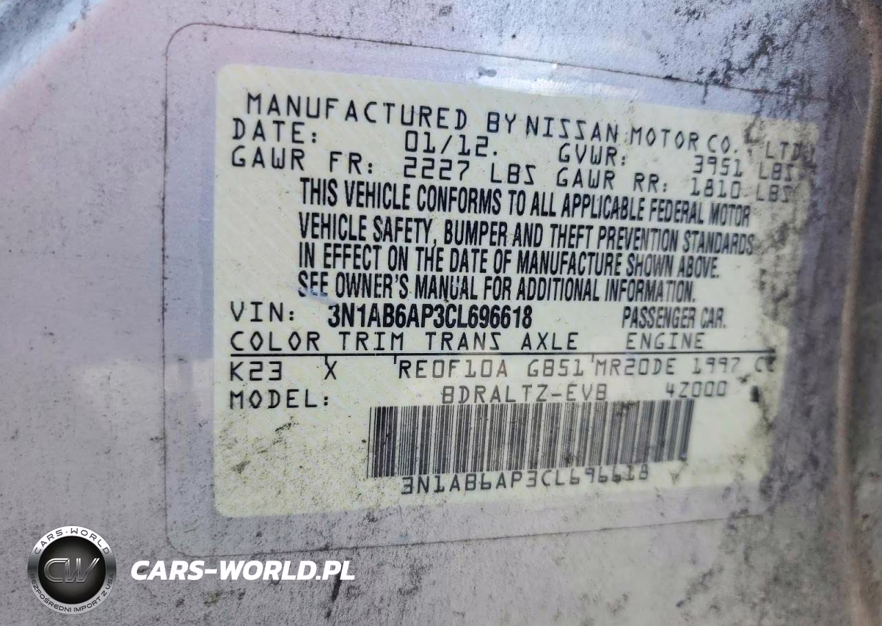 2012 Nissan Sentra 2.0 VIN:3N1AB6AP3CL696618 - 12