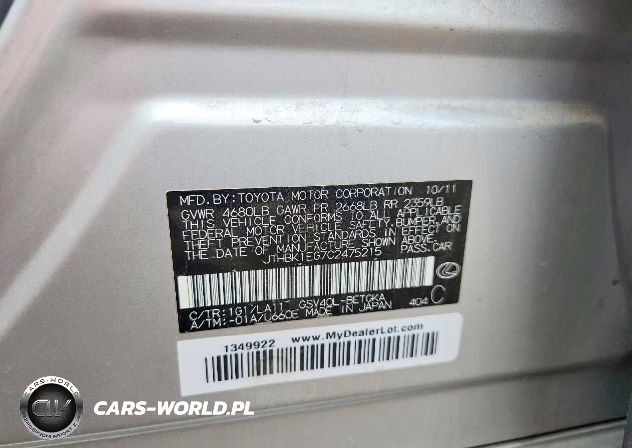 2012 Lexus Es 350 VIN:JTHBK1EG7C2475215 - 12