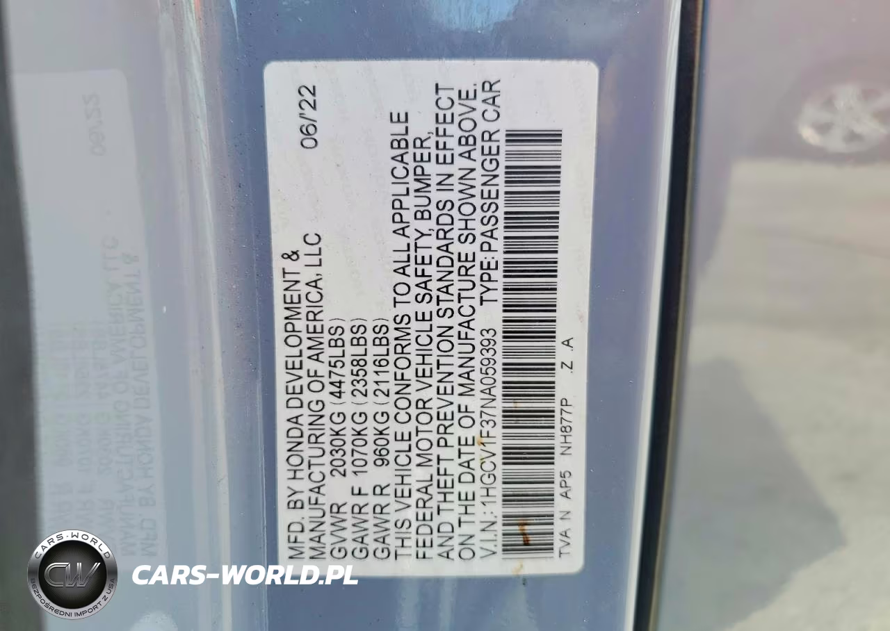 2022 Honda Accord Sport VIN:1HGCV1F37NA059393 - 12