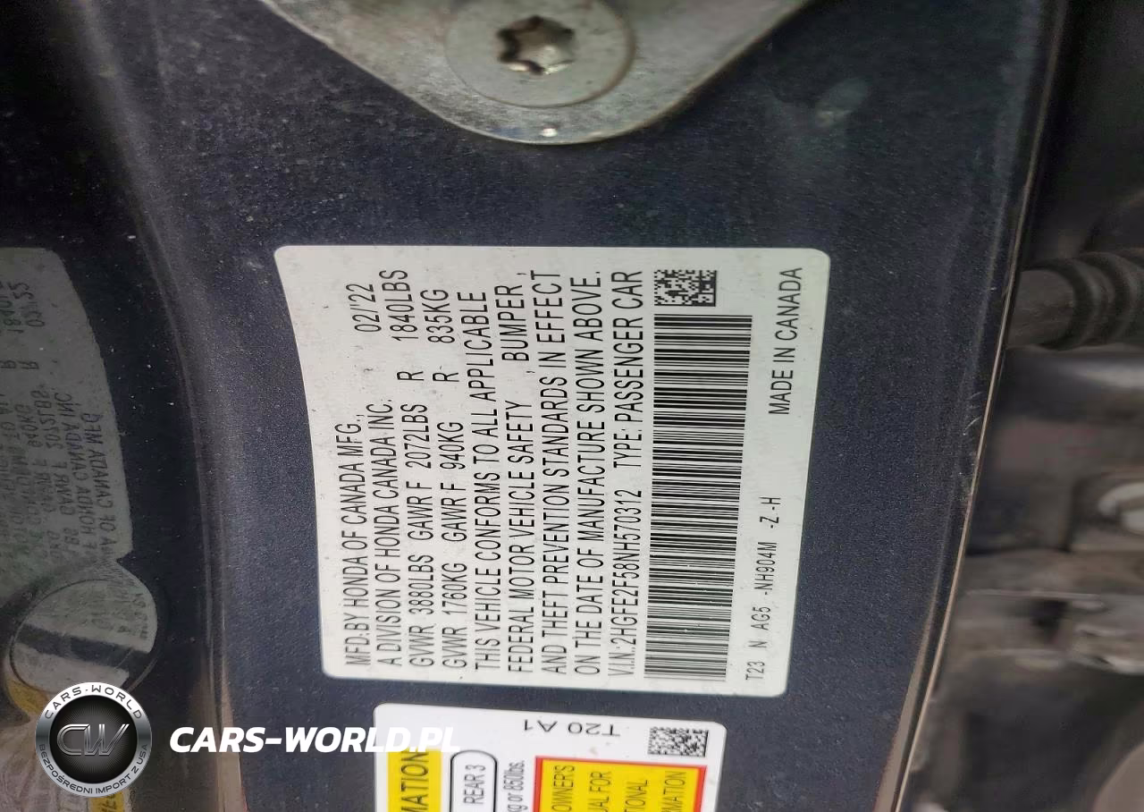 2022 Honda Civic Sport VIN:2HGFE2F58NH570312 - 12