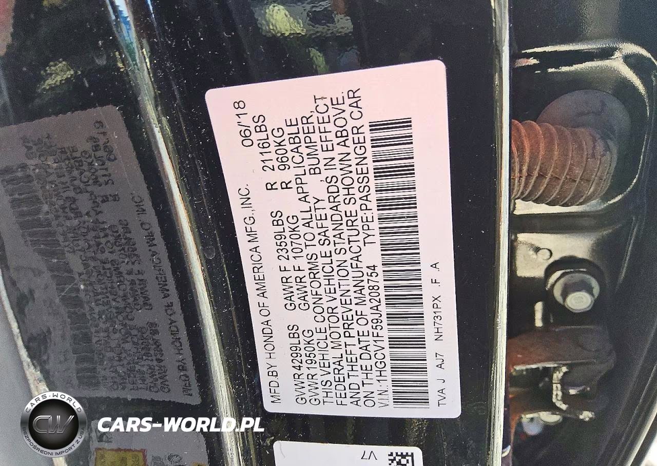 2018 Honda Accord Exl VIN:1HGCV1F59JA208754 - 12