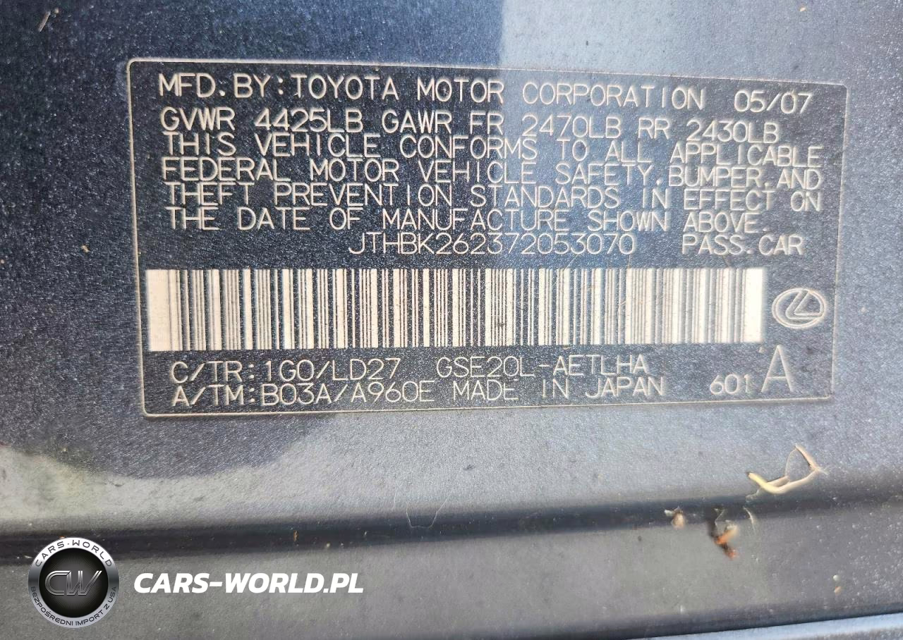 2007 Lexus Is 250 Base VIN:JTHBK262372053070 - 12