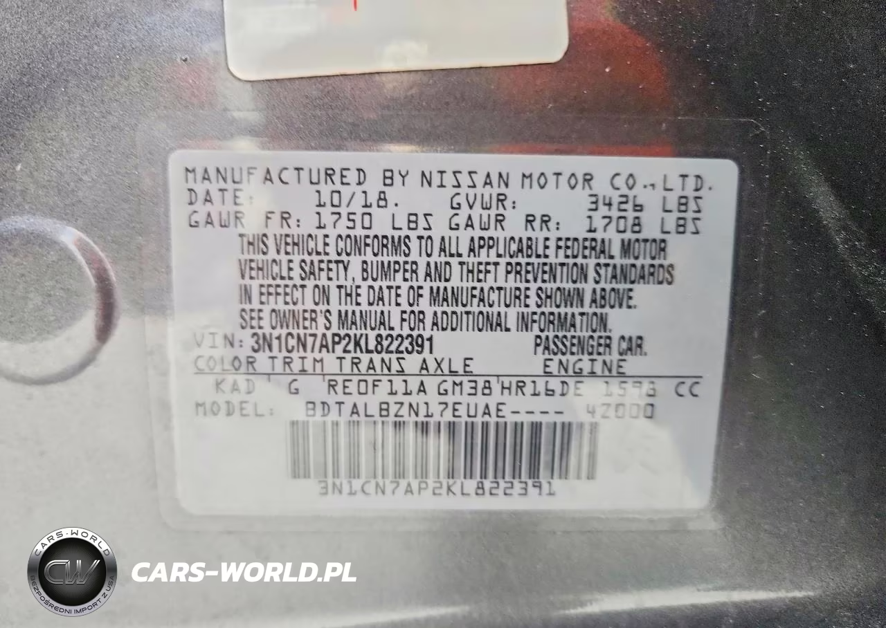 2019 Nissan Versa Sv VIN:3N1CN7AP2KL822391 - 12
