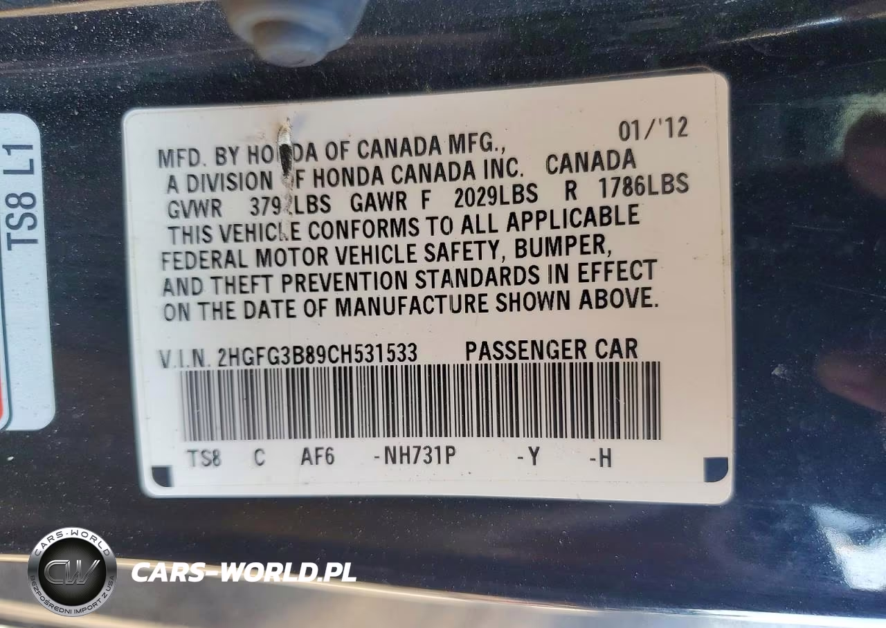 2012 Honda Civic Ex VIN:2HGFG3B89CH531533 - 12