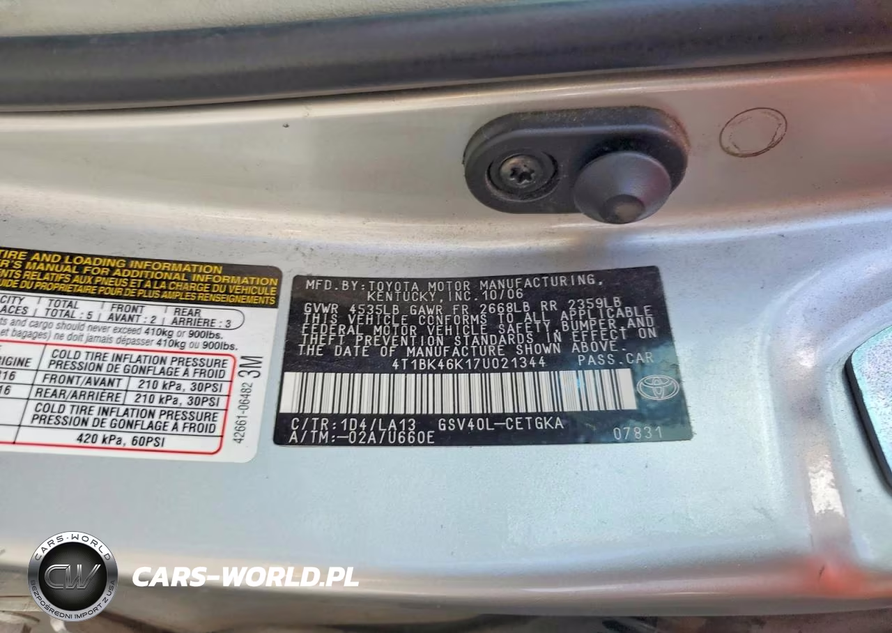 2007 Toyota Camry Xle V6 VIN:4T1BK46K17U021344 - 12