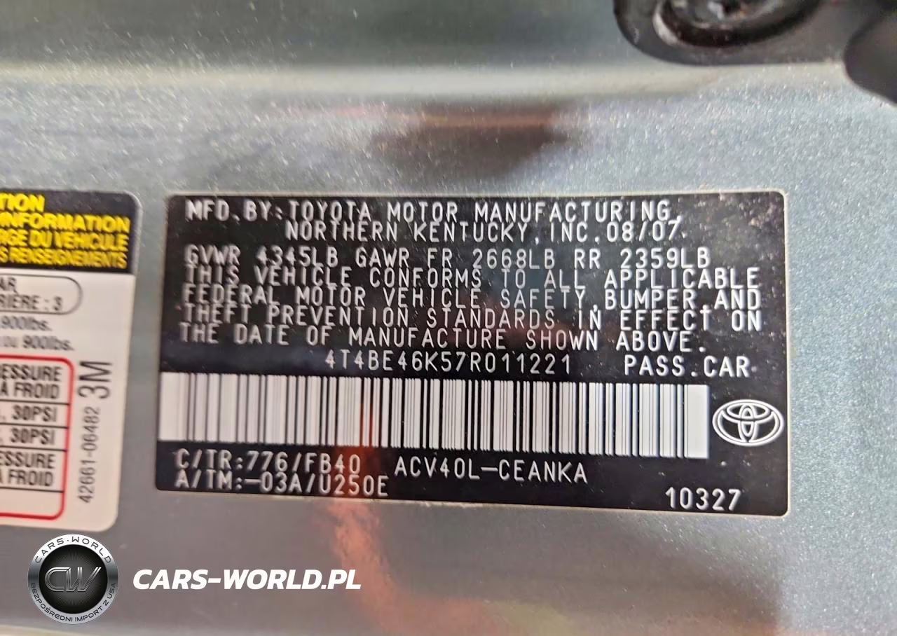 2007 Toyota Camry Le VIN:4T4BE46K57R011221 - 12