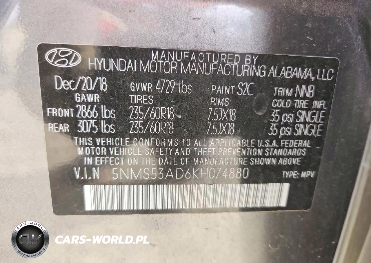 2019 Hyundai Santa Fe Limited 2.4L VIN:5NMS53AD6KH074880 - 14