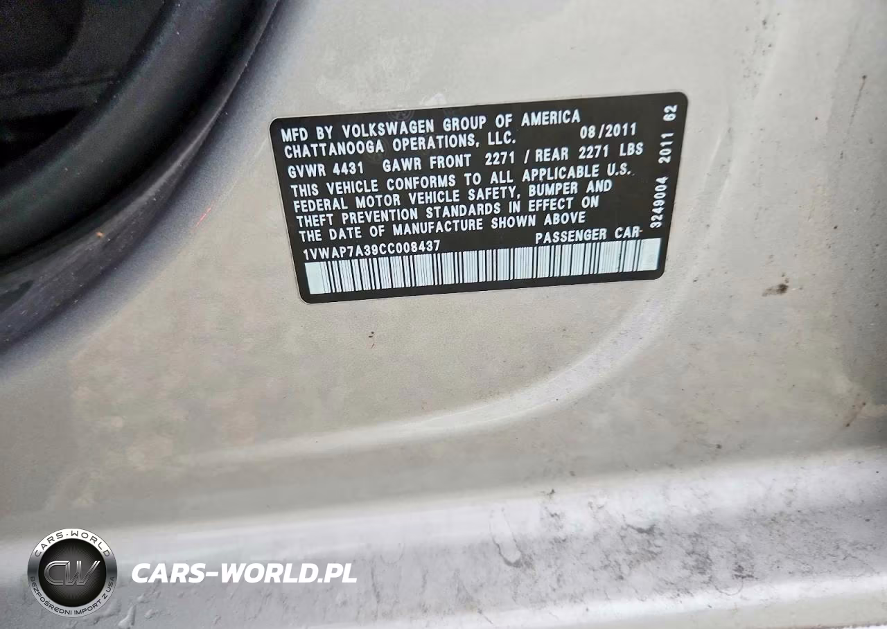 2012 Volkswagen Passat S VIN:1VWAP7A39CC008437 - 12