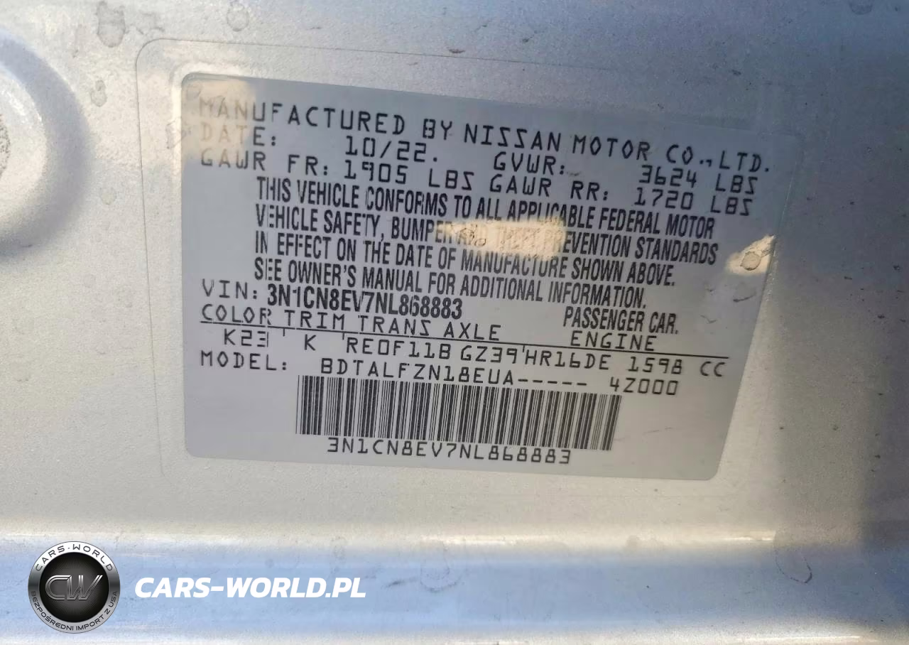 2022 Nissan Versa Sv VIN:3N1CN8EV7NL868883 - 12