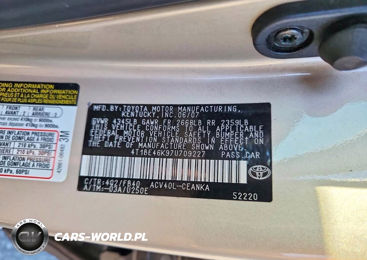 2007 Toyota Camry Le VIN:4T1BE46K97U709227 - 12