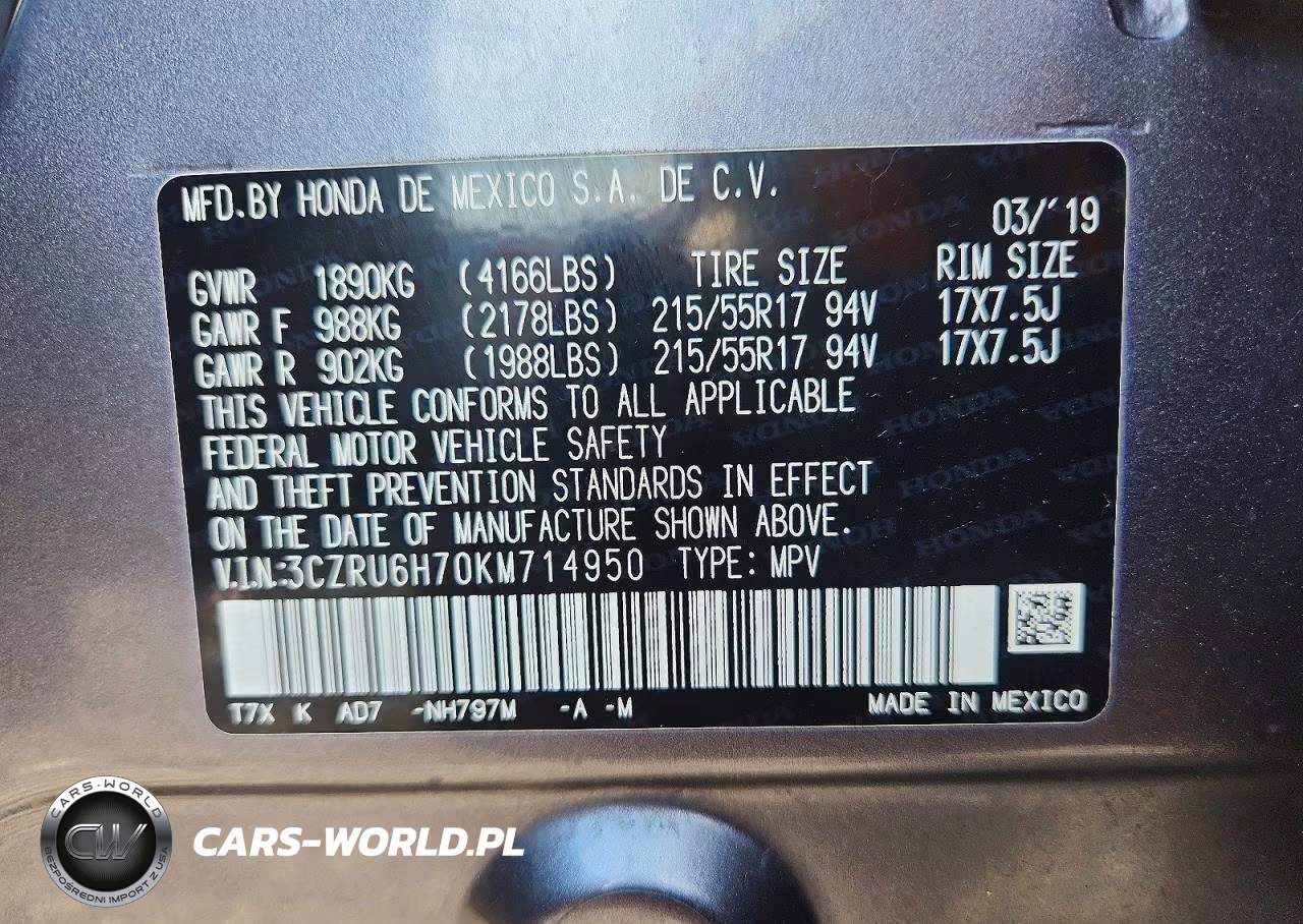 2019 Honda Hr-V Exl VIN:3CZRU6H70KM714950 - 13