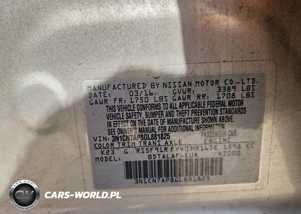 2016 Nissan Versa 1.6 S VIN:3N1CN7AP8GL881825 - 12