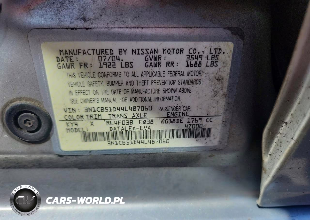 2004 Nissan Sentra 1.8 VIN:3N1CB51D44L487060 - 13