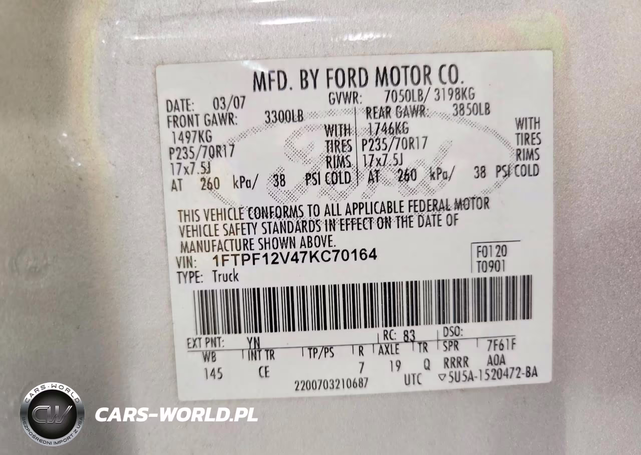 2007 Ford F150 VIN:1FTPF12V47KC70164 - 12