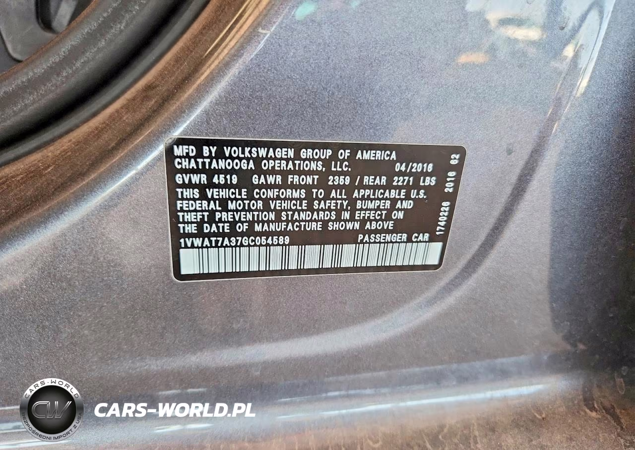 2016 Volkswagen Passat S VIN:1VWAT7A37GC054589 - 12