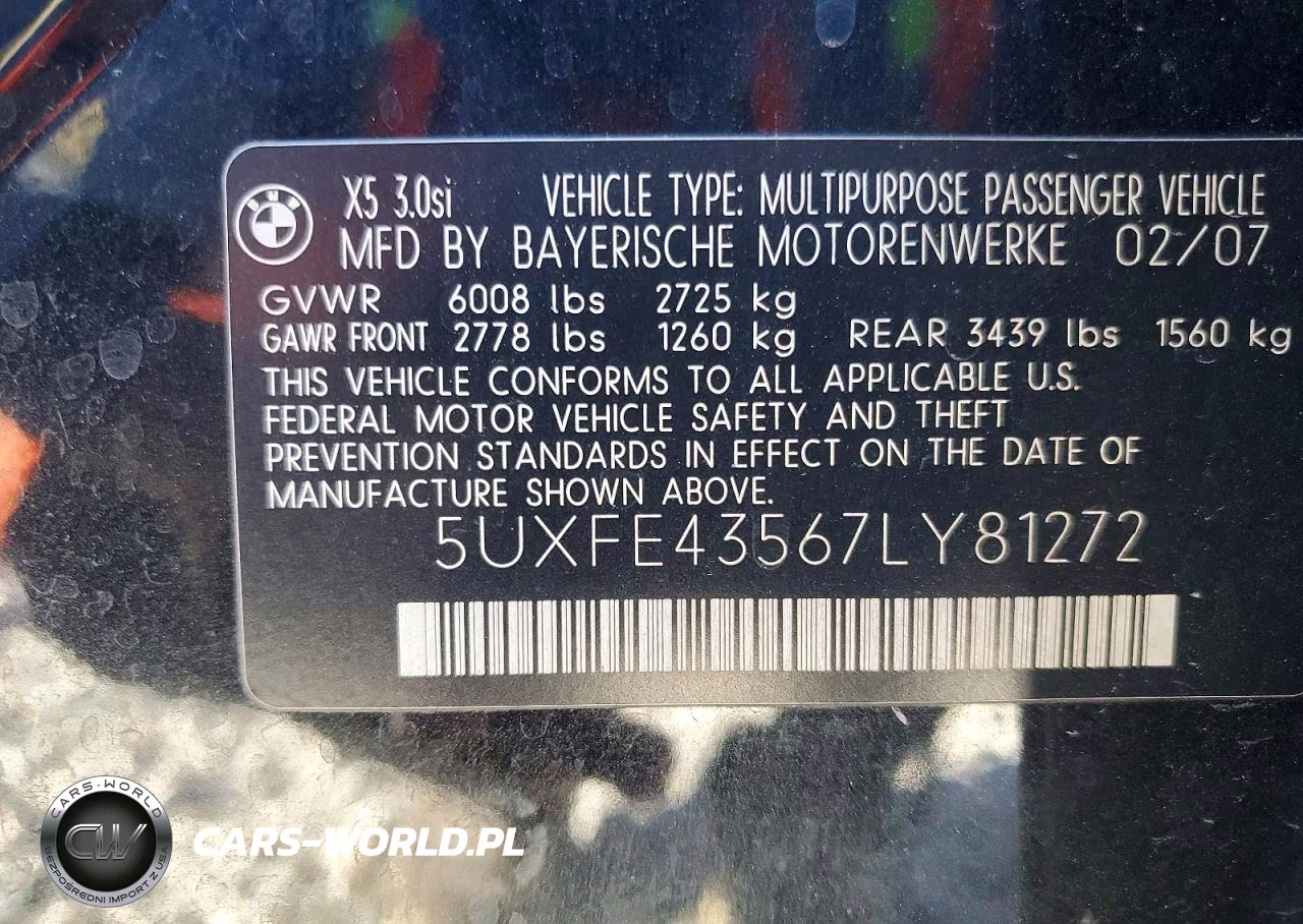 2007 BMW X5 3.0I VIN:5UXFE43567LY81272 - 12