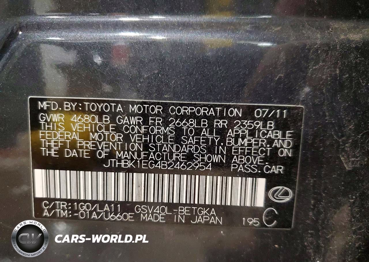 2011 Lexus Es 350 VIN:JTHBK1EG4B2462954 - 12