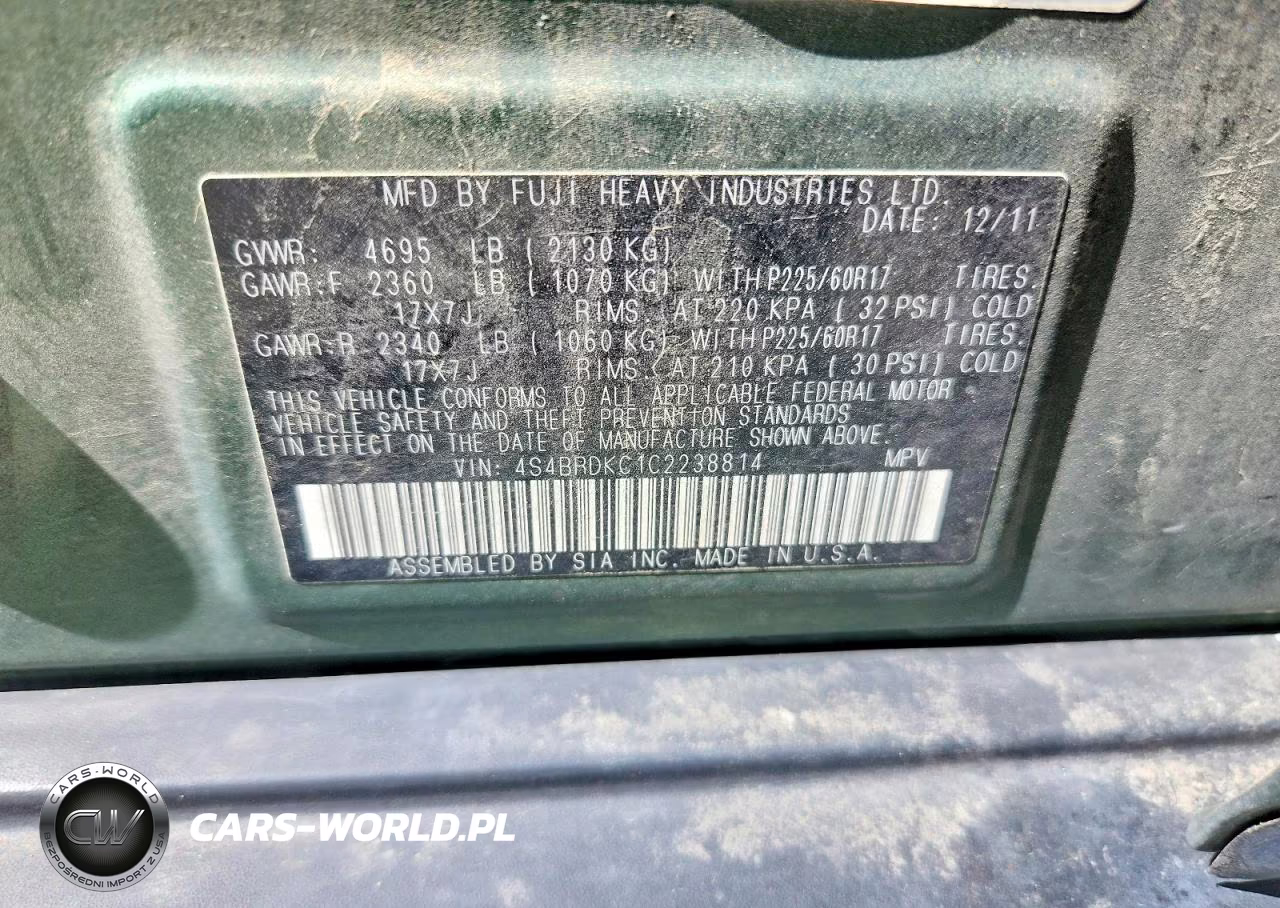 2012 Subaru Outback 3.6R Limited VIN:4S4BRDKC1C2238814 - 12