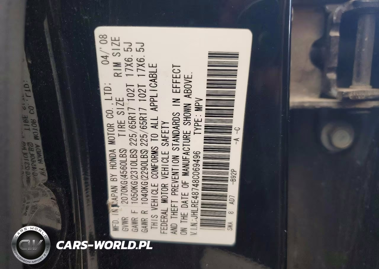 2008 Honda Cr-V Exl VIN:JHLRE48748C069496 - 13