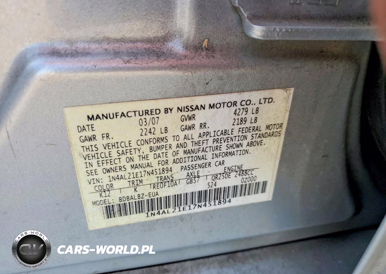 2007 Nissan Altima 2.5 VIN:1N4AL21E17N451894 - 12