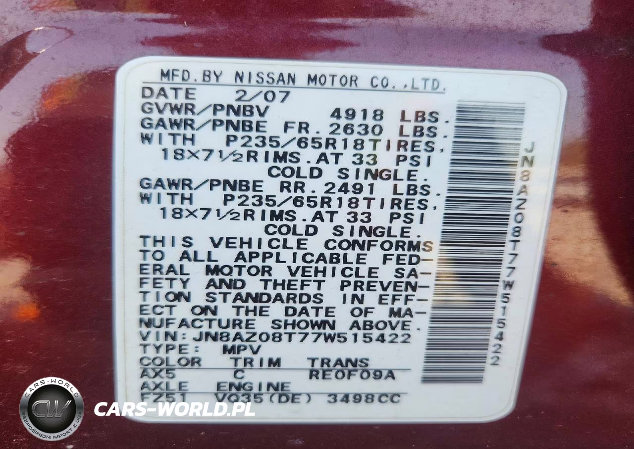 2007 Nissan Murano S VIN:JN8AZ08T77W515422 - 13