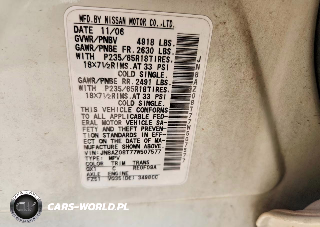 2007 Nissan Murano S VIN:JN8AZ08T77W507577 - 13