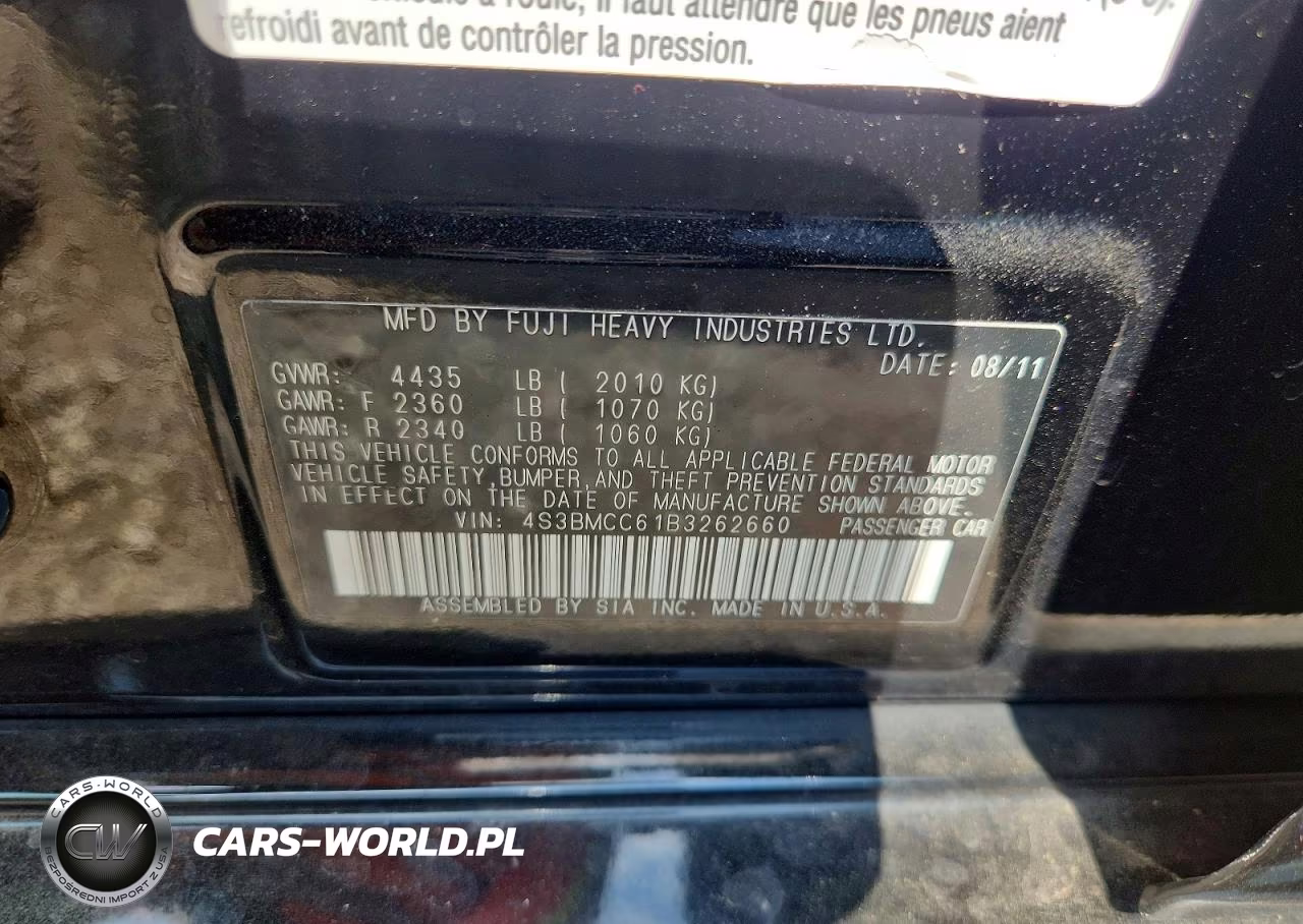2011 Subaru Legacy 2.5I Premium VIN:4S3BMCC61B3262660 - 12