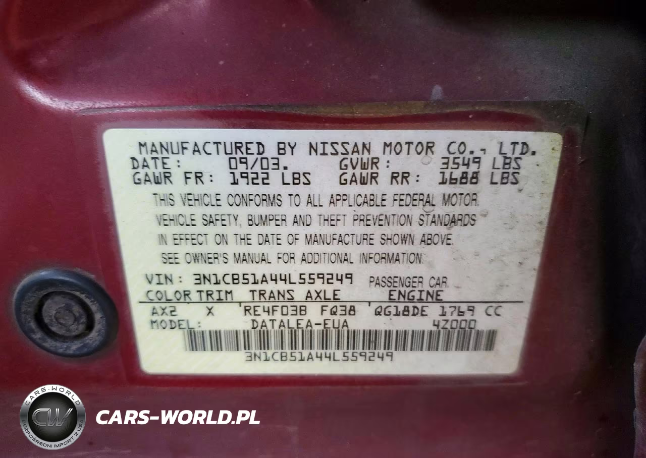2004 Nissan Sentra 1.8 S VIN:3N1CB51A44L559249 - 12