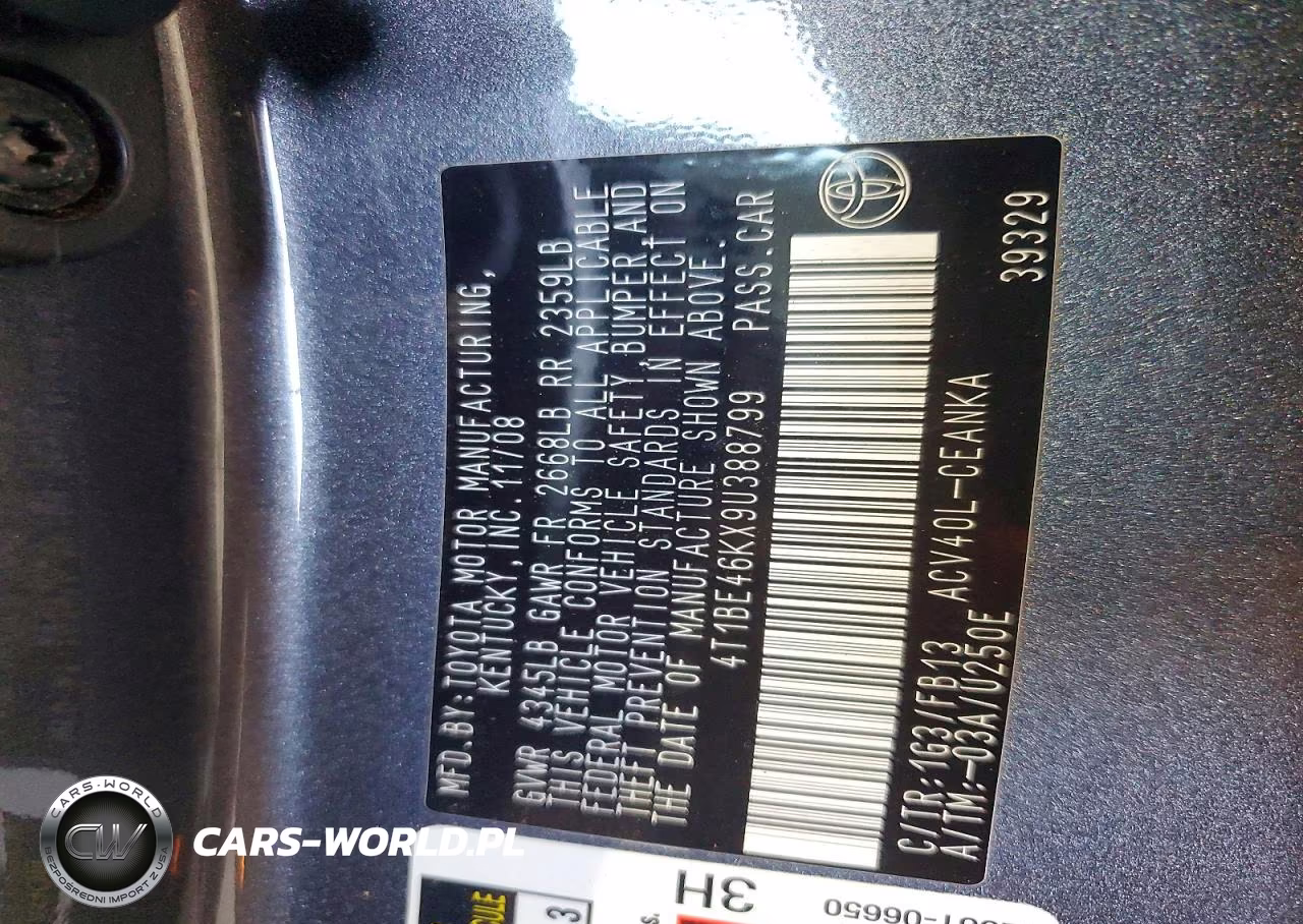 2009 Toyota Camry Le VIN:4T1BE46KX9U388799 - 12