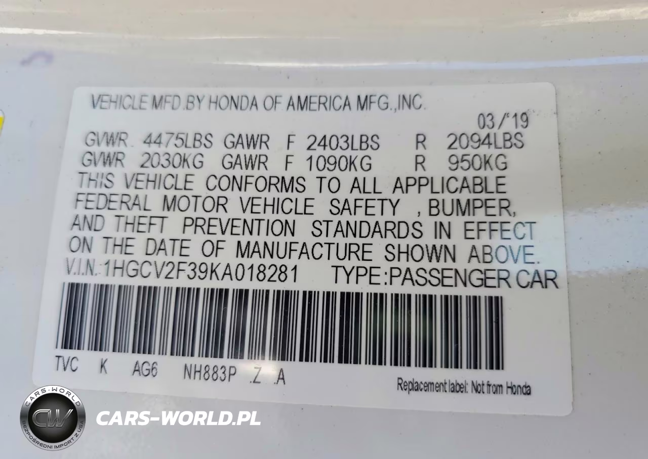 2019 Honda Accord Sport VIN:1HGCV2F39KA018281 - 12