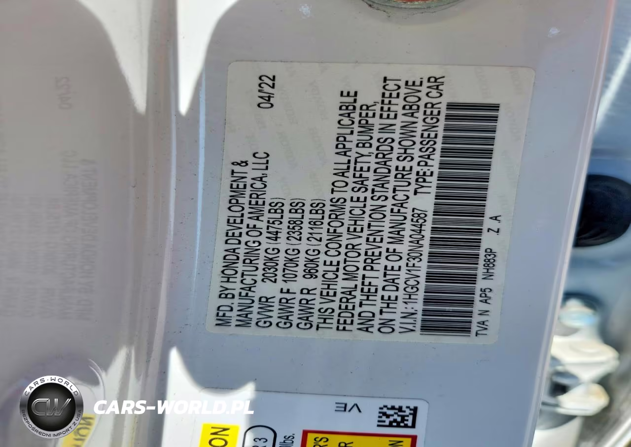 2022 Honda Accord Sport VIN:1HGCV1F30NA044587 - 12