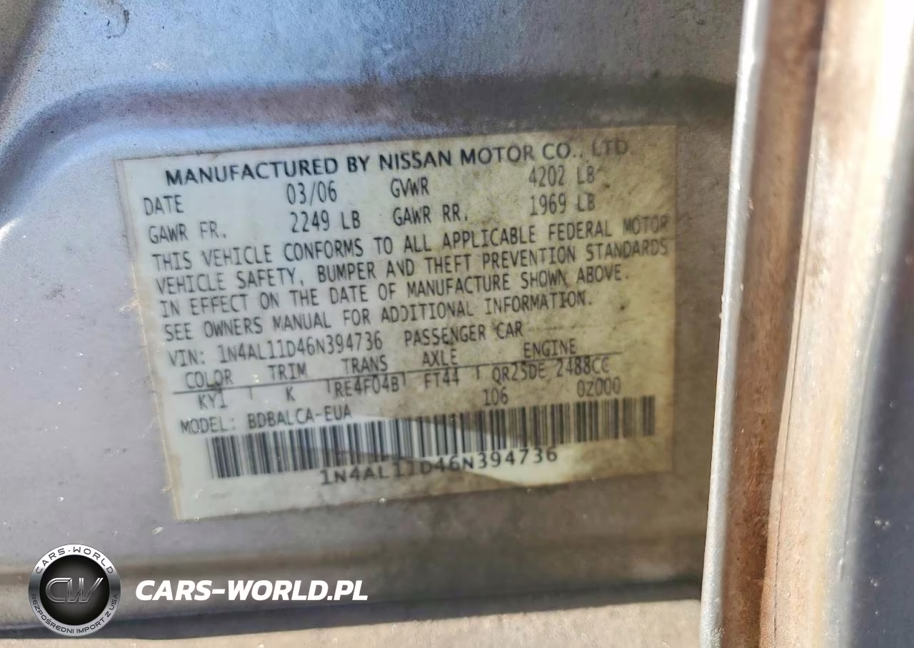 2006 Nissan Altima 2.5 VIN:1N4AL11D46N394736 - 12