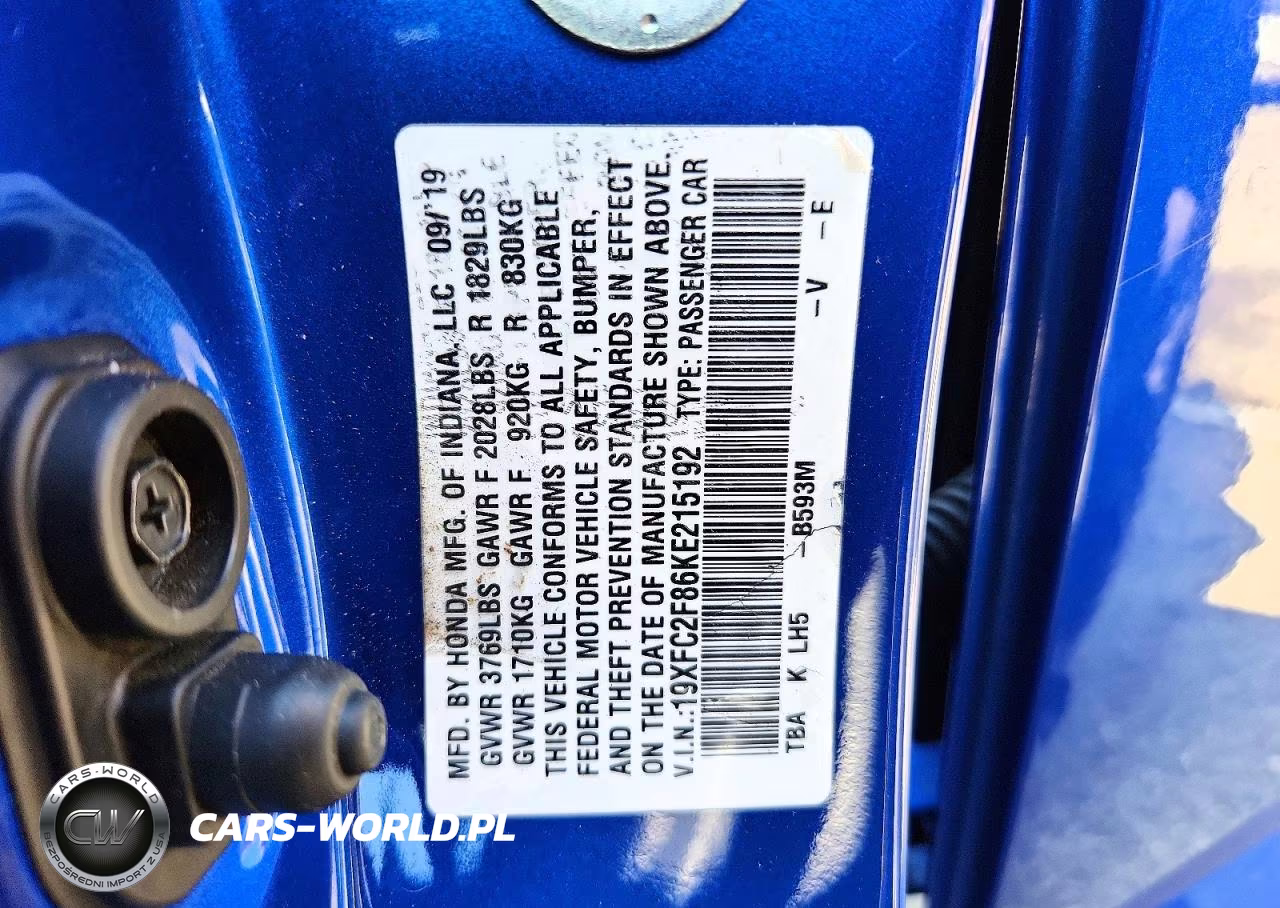 2019 Honda Civic Sport VIN:19XFC2F86KE215192 - 12