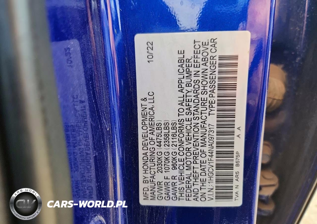 2022 Honda Accord Sport Se VIN:1HGCV1F44NA097317 - 12