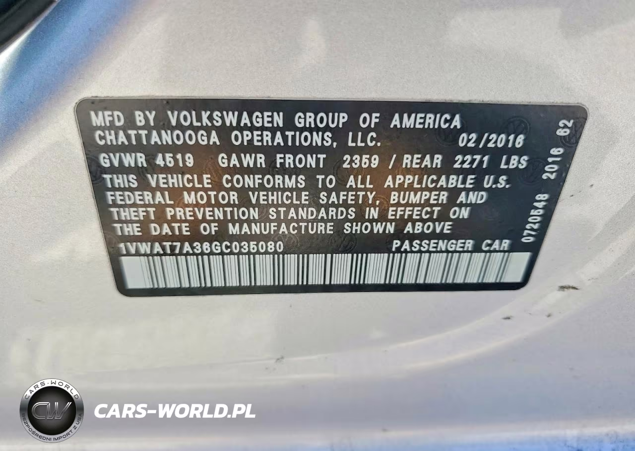 2016 Volkswagen Passat S VIN:1VWAT7A36GC035080 - 12