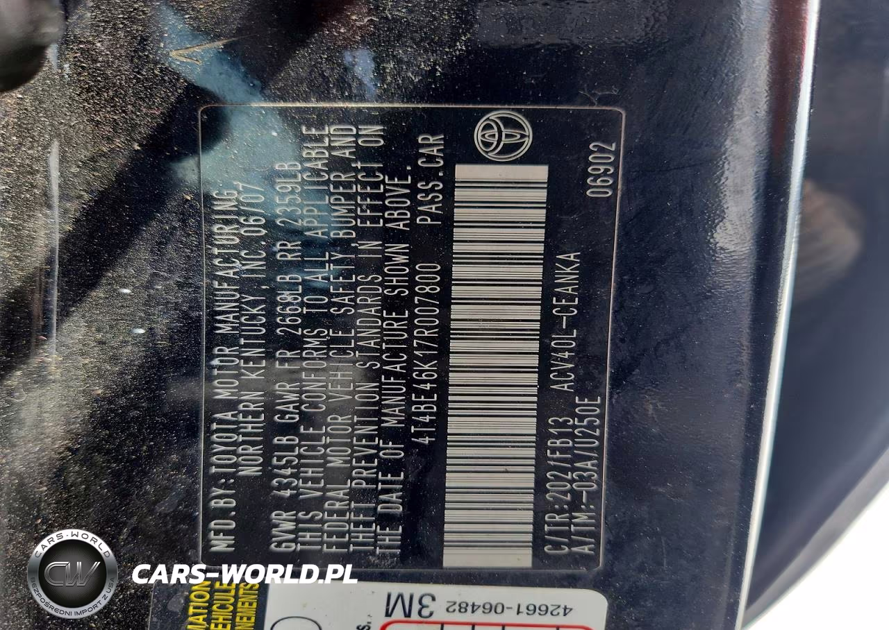 2007 Toyota Camry Le VIN:4T4BE46K17R007800 - 12