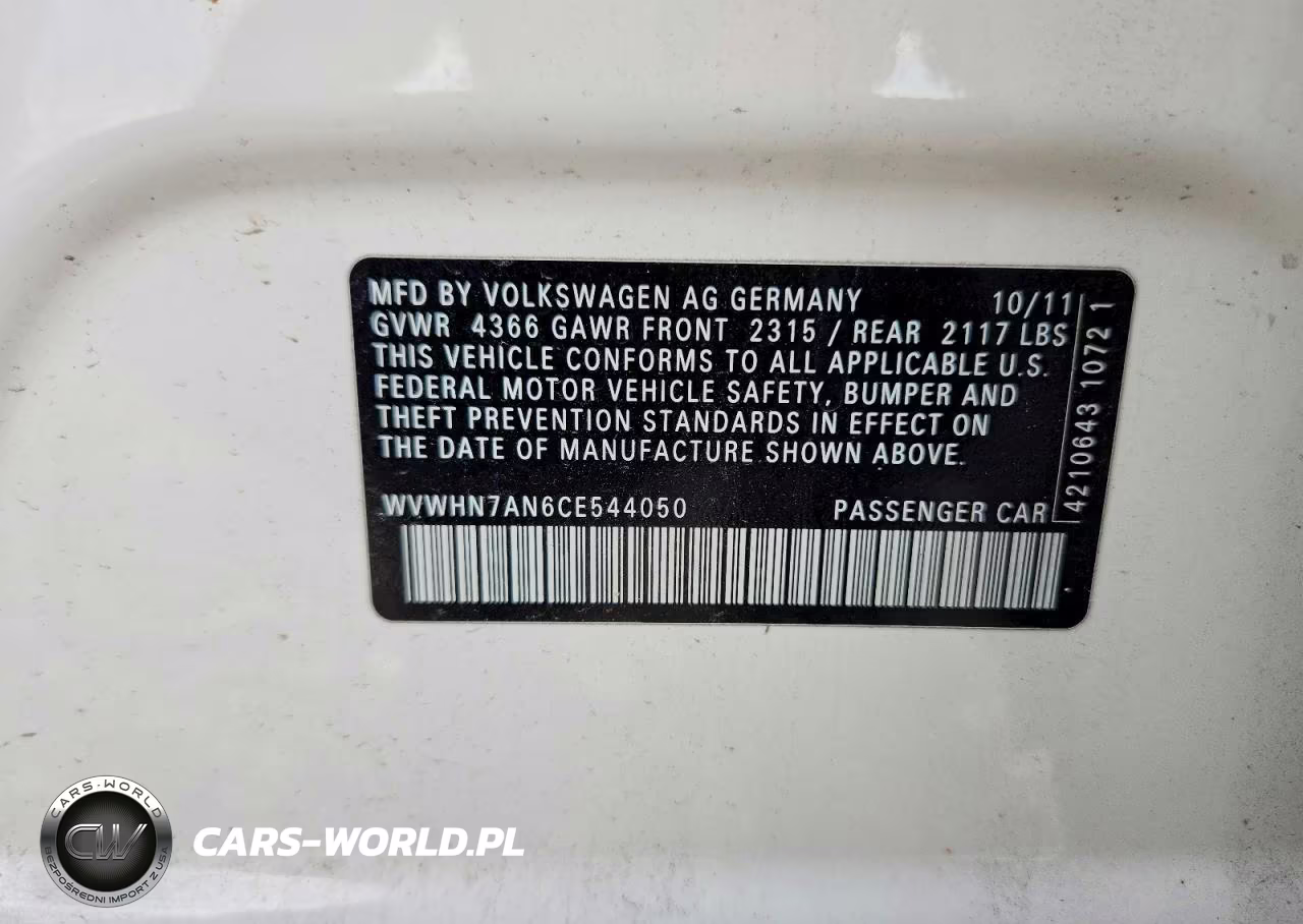 2012 Volkswagen Cc Luxury VIN:WVWHN7AN6CE544050 - 13