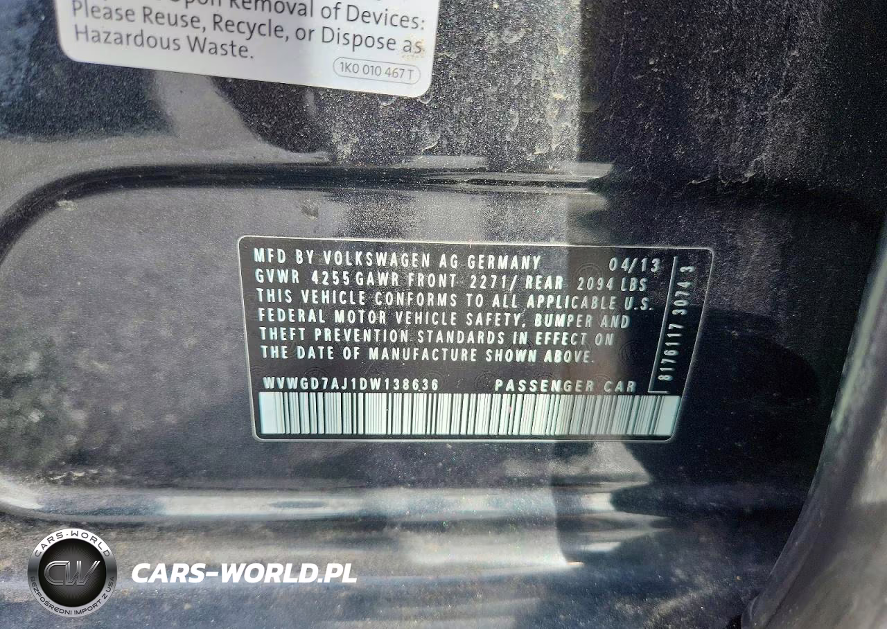 2013 Volkswagen Gti VIN:WVWGD7AJ1DW138636 - 12