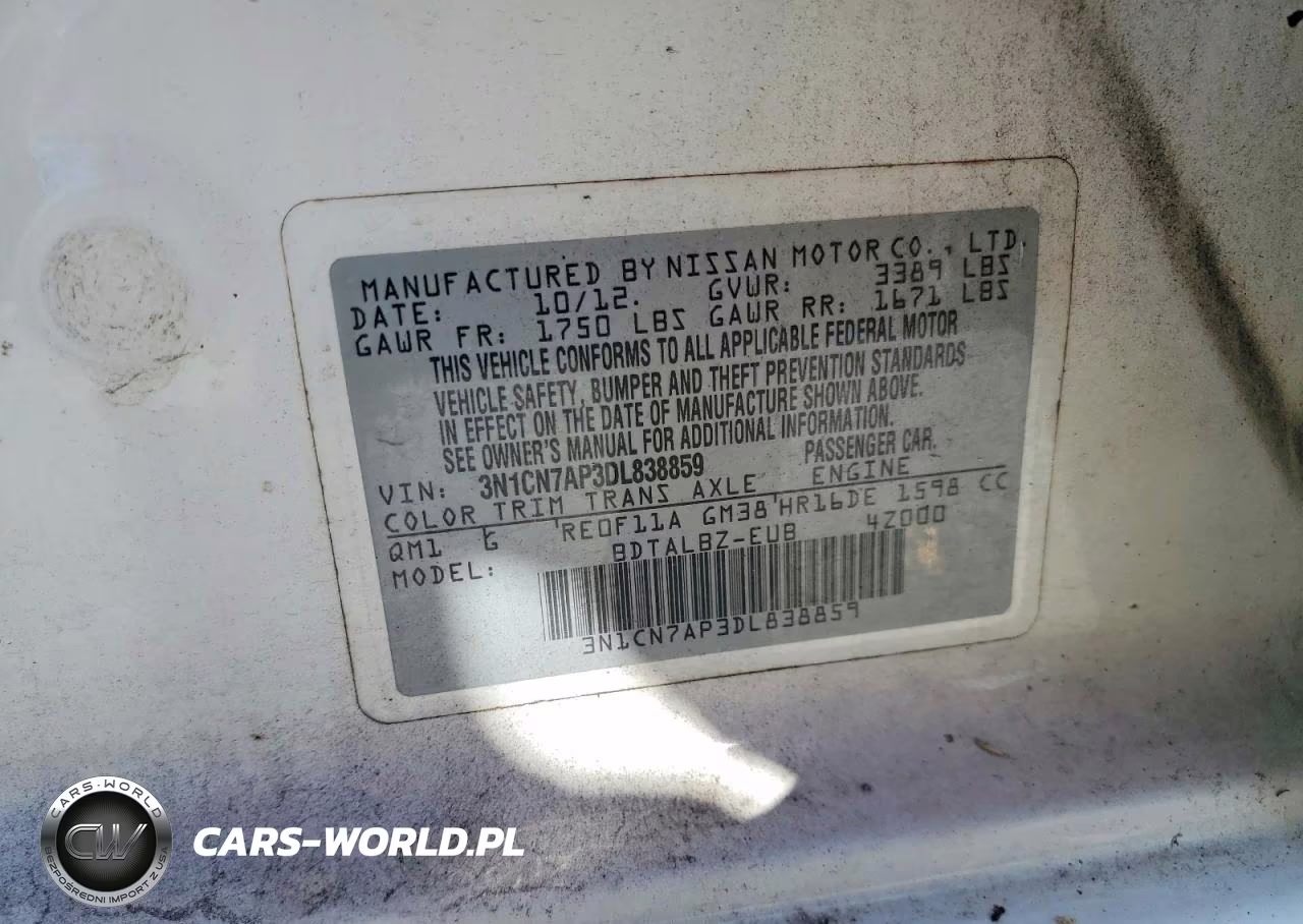2013 Nissan Versa 1.6 S VIN:3N1CN7AP3DL838859 - 12